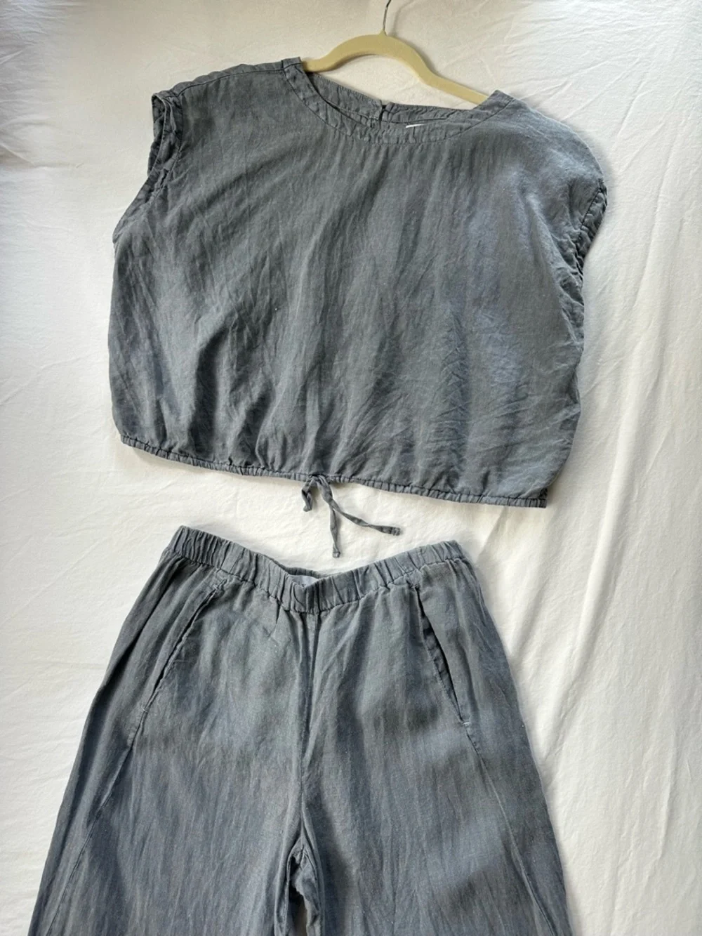 Two-Piece Blue Gray Linen-Blend Top and Pants Set - Picture 2 of 7